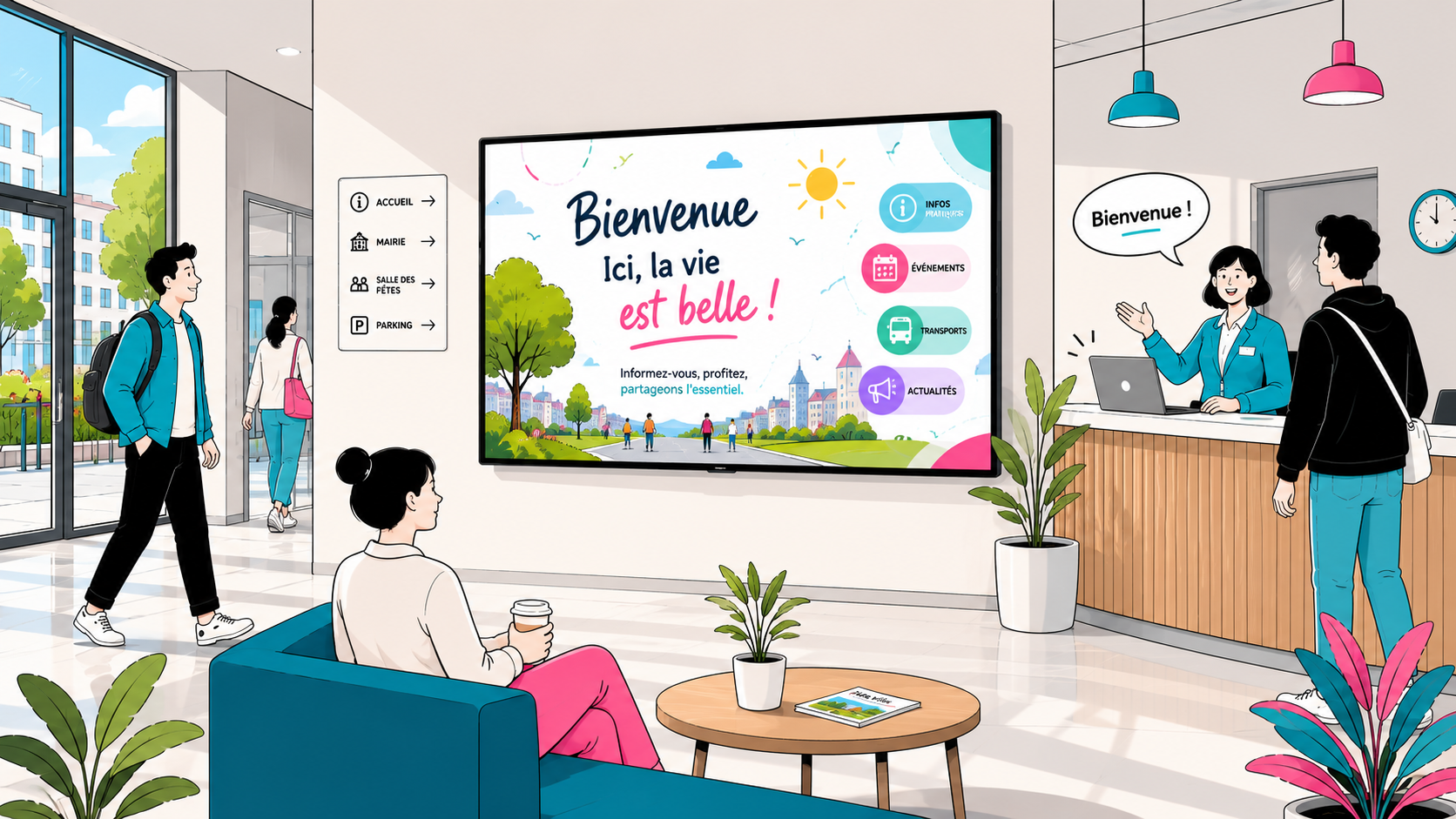 Lieu d'accueil avec un grand écran diffusant une information claire